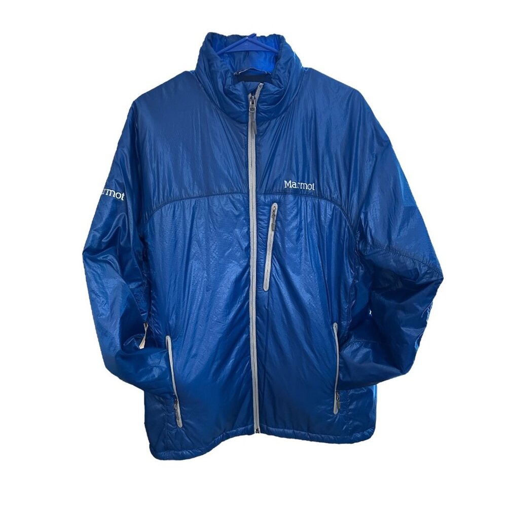 Marmot Highlander Insulated Jacket Blue Gray Trim Lightweight Packable Men's Lrg